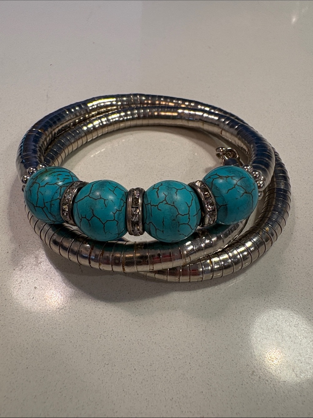 Vintage Silver Tone and Faux Turquoise Coil Bracelet